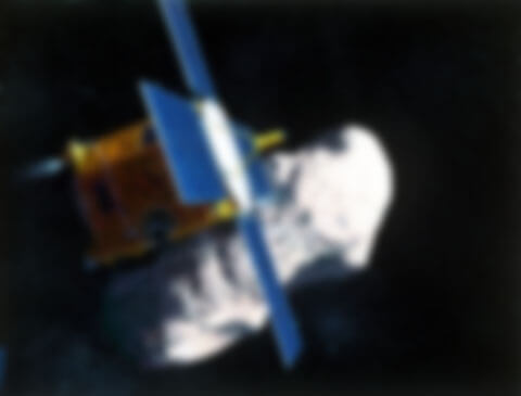 Vue d’artiste de la sonde NEAR Shoemaker à la rencontre de l’astéroïde (433) Eros