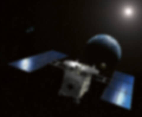 Vue d’artiste de la sonde Hayabusa à l’approche de l’astéroïde (25143) Itokawa