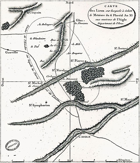 Carte du champ de dispersion des fragments de la météorite de l’Aigle
